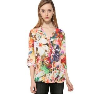 Desigual CAM SOL Pixelated Floral Butterfly Button Up Shirt LARGE Artsy Colorful